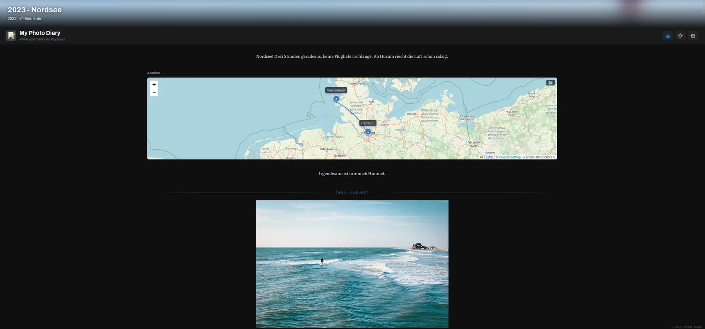 An album: a line of text, a map of the journey, a photo
